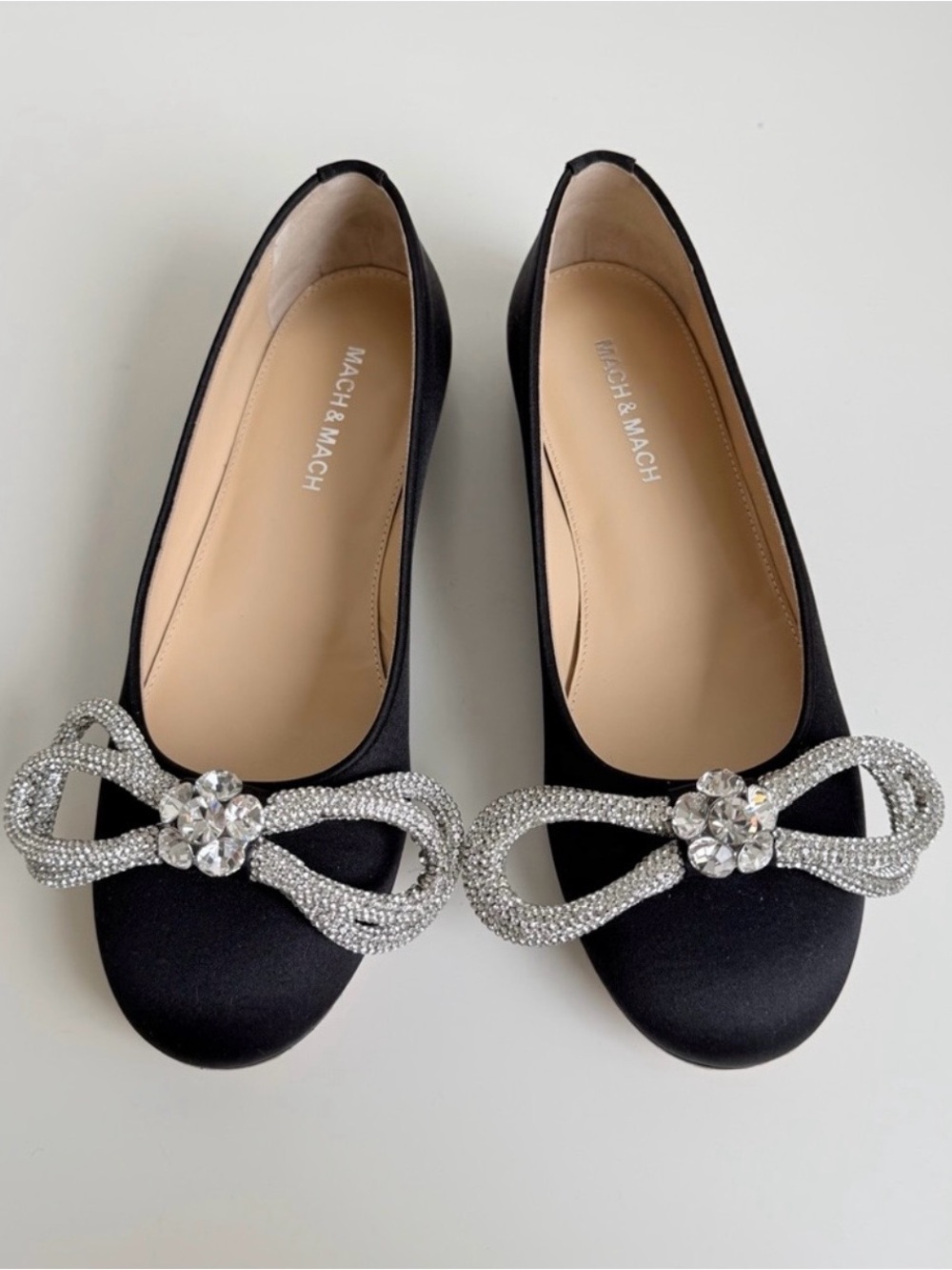 MACH & MACH Black Satin Flats with Crystal Bow